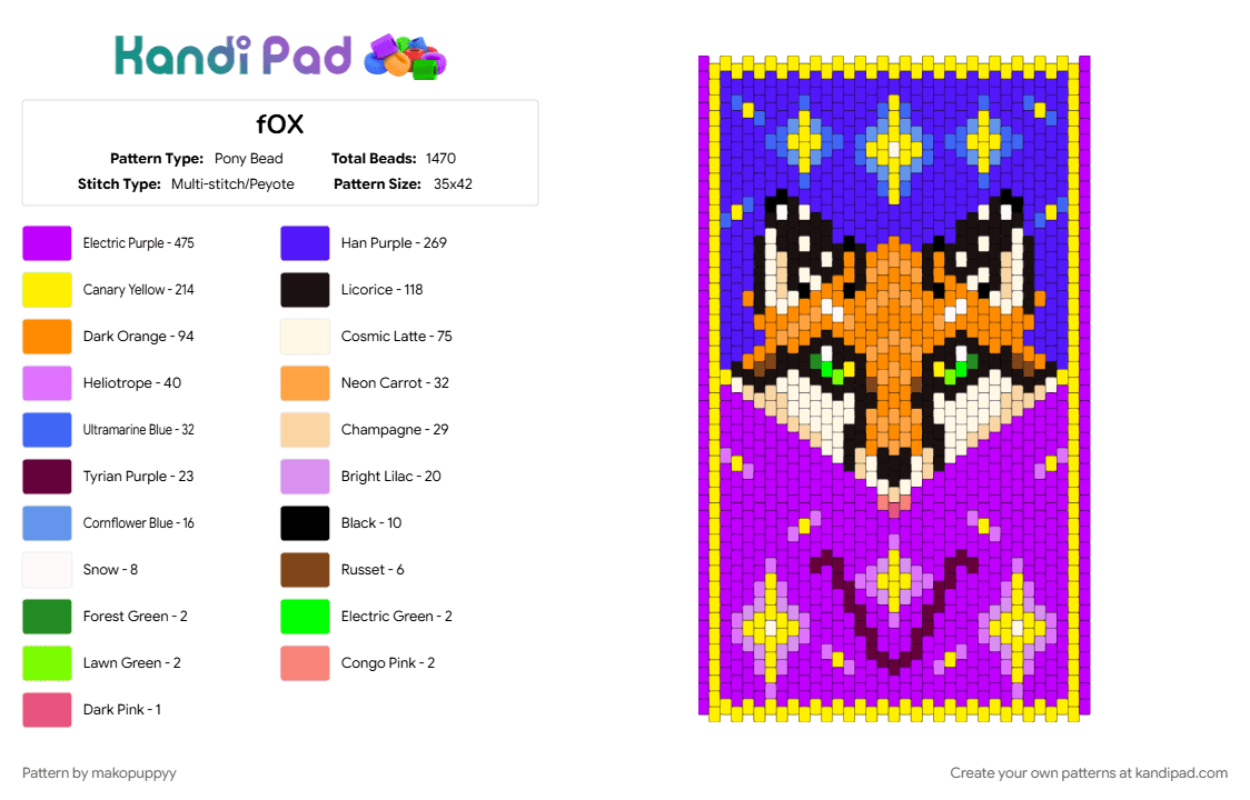 FOX Pony Bead Pattern - Kandi Pad | Kandi Patterns, Fuse Bead Patterns ...