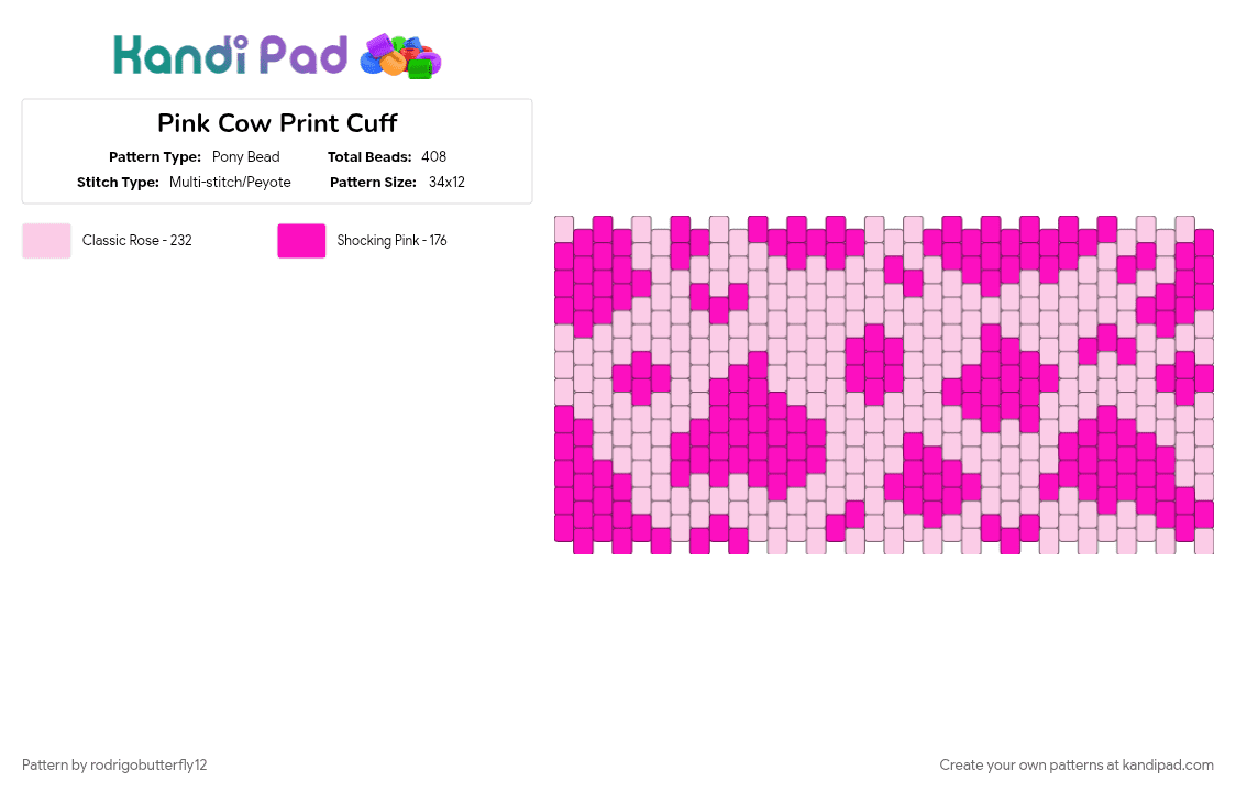 Pink Cow Print Cuff - Pony Bead Pattern by rodrigobutterfly12 on Kandi Pad - cow, cow print, cuff pattern, pink