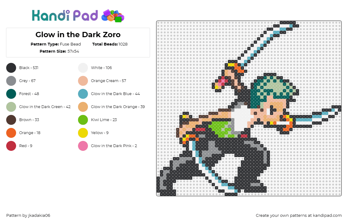 Glow in the Dark Zoro - Fuse Bead Pattern by jkadakia06 on Kandi Pad - roronoa zoro,one piece,character,swords,anime,pirate,weapon,tv show,black,green