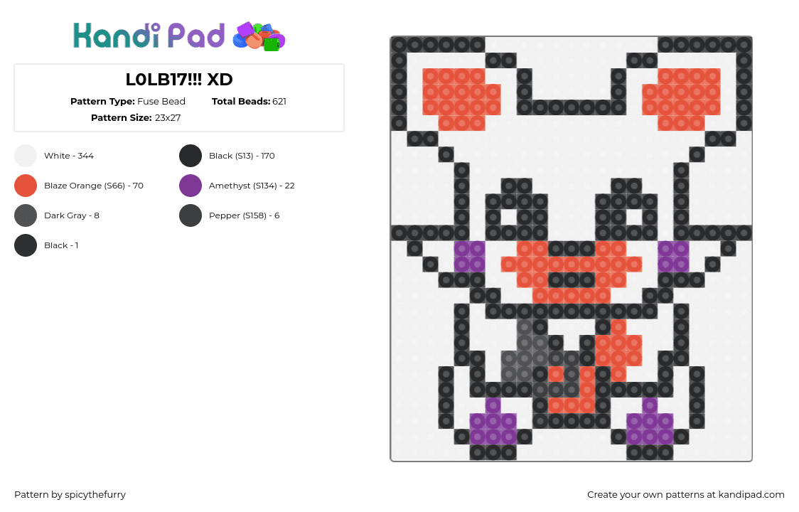 L0LB17!!! XD - Fuse Bead Pattern by spicythefurry on Kandi Pad - lolbit,fnaf,five nights at freddys,character,video game,horror,white,purple,red