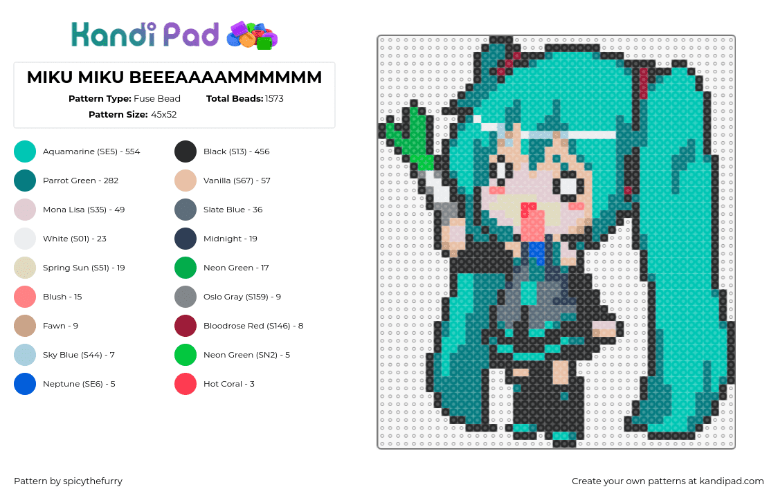 MIKU MIKU BEEEAAAAMMMMMM - Fuse Bead Pattern by spicythefurry on Kandi Pad - miku miku beam,magical cure love shot,hatsune miku,vocaloid,leek,character,chibi,music,teal