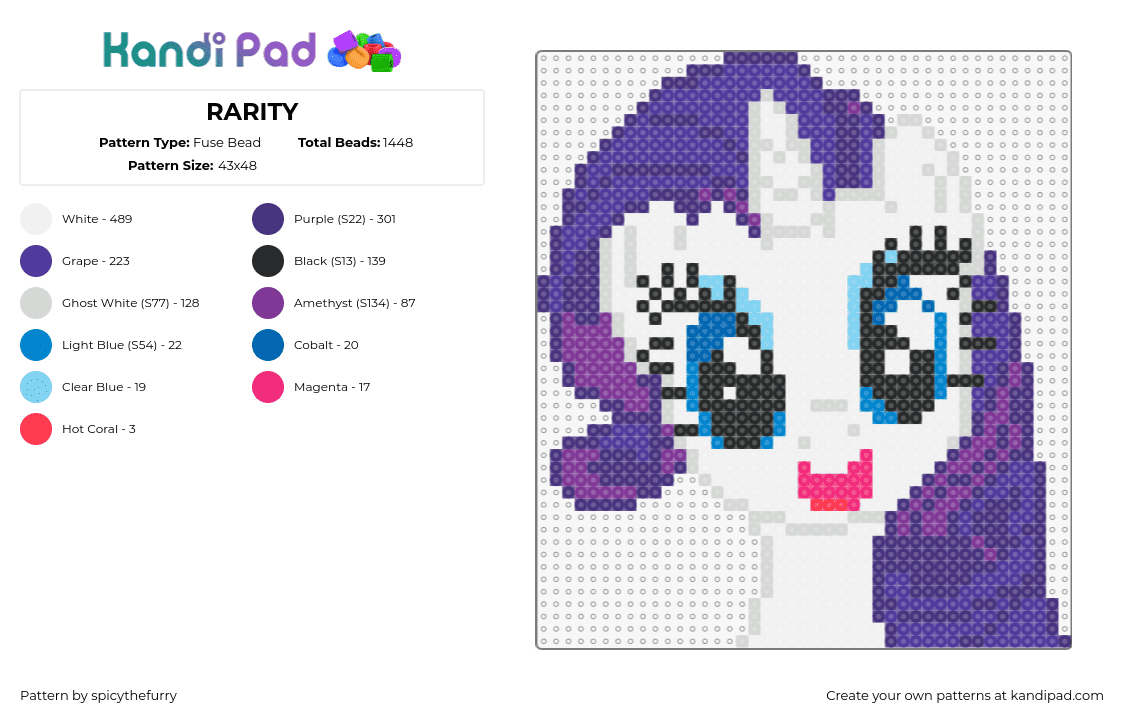 RARITY - Fuse Bead Pattern by spicythefurry on Kandi Pad - rarity,mlp,my little pony,unicorn,cute,white,purple