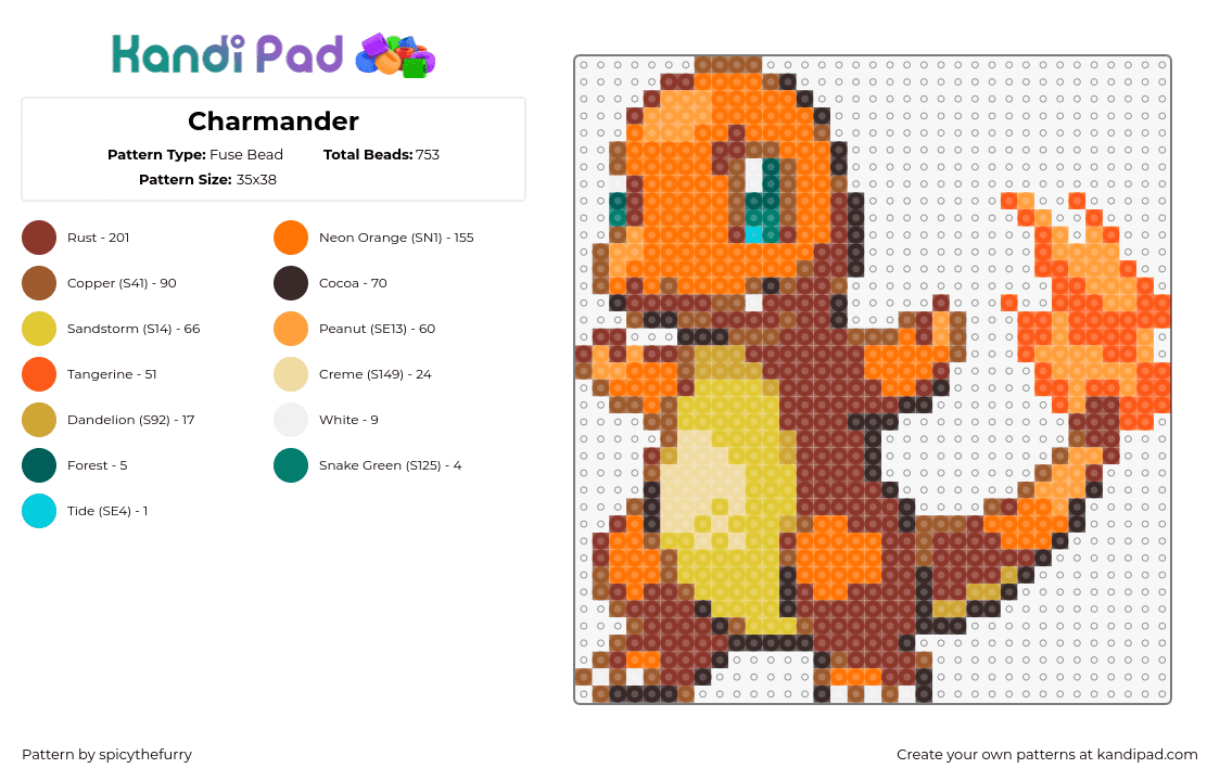 Charmander - Fuse Bead Pattern by spicythefurry on Kandi Pad - charmander,pokemon,character,gaming,starter,fiery,flame,orange,yellow