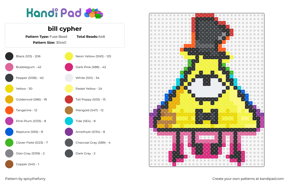 bill cypher he\'s back - Fuse Bead Pattern by spicythefurry on Kandi Pad - bill cipher,gravity falls,character,demon,cartoon,tv show,triangle,cyclops,top hat,colorful,gray,pink,yellow