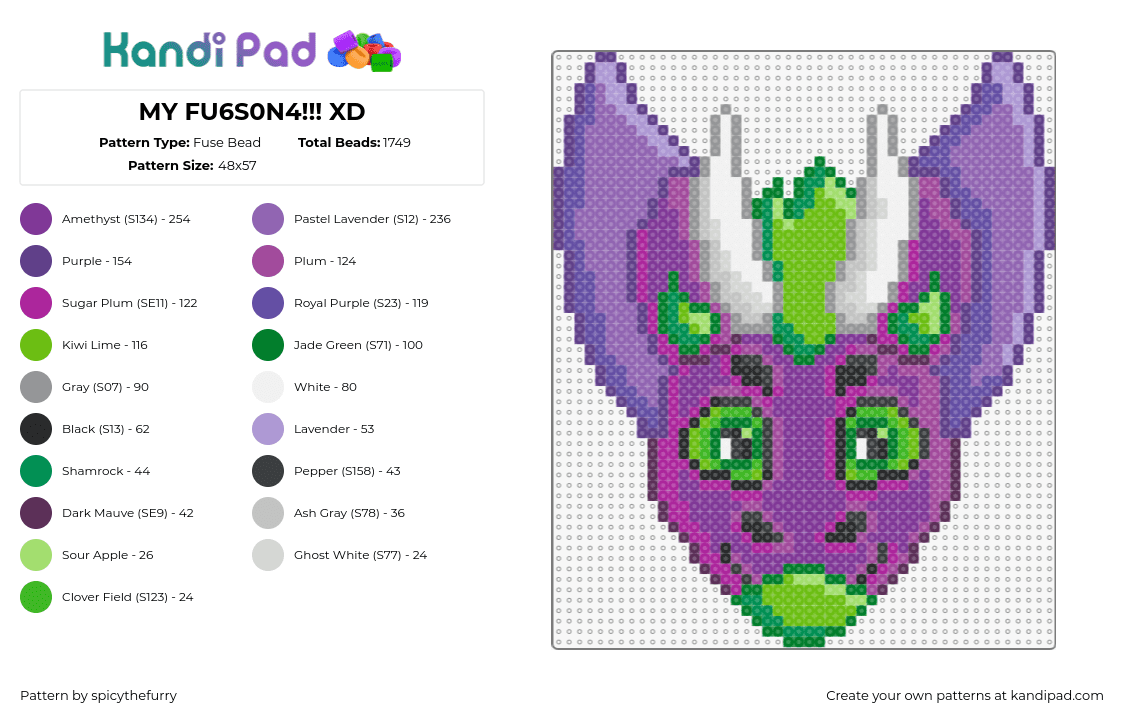 MY FU6S0N4!!! XD - Fuse Bead Pattern by spicythefurry on Kandi Pad - fursona,furry,community,purple,green