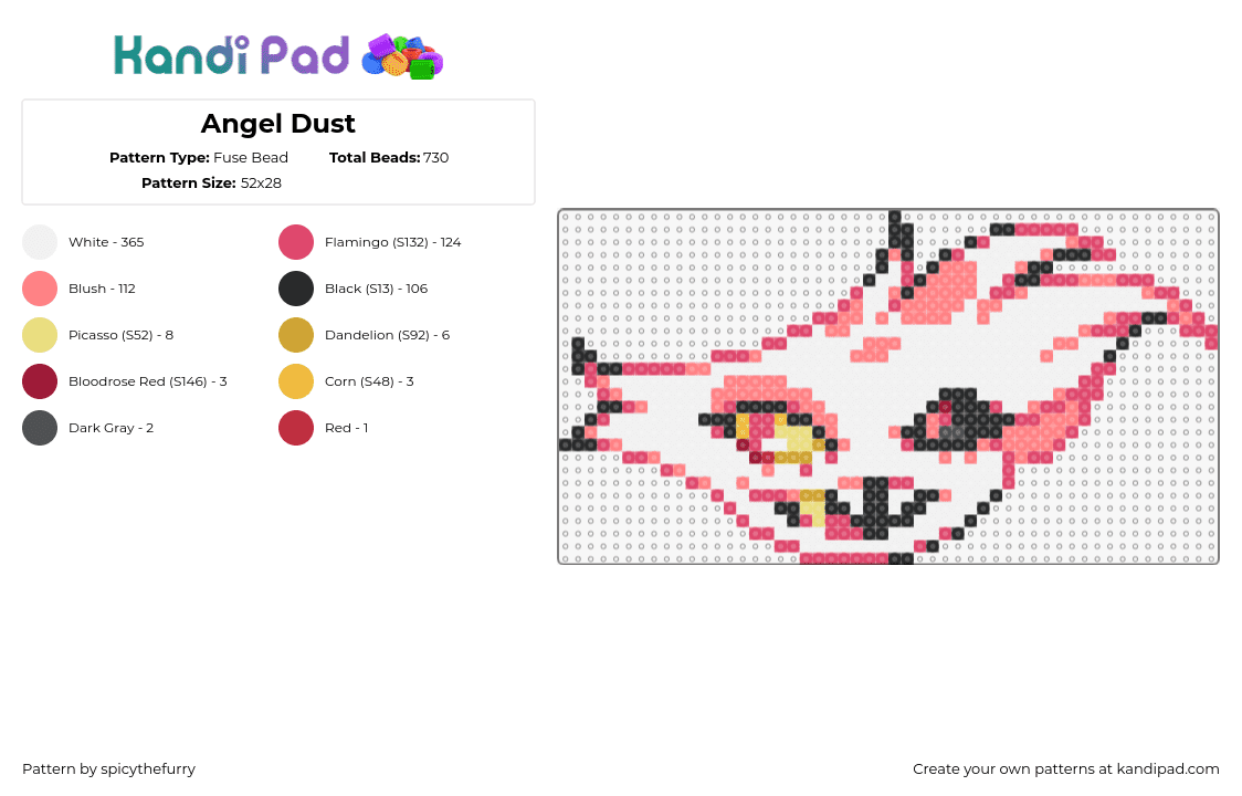 Angel Dust - Fuse Bead Pattern by spicythefurry on Kandi Pad - angel dust,hazbin hotel,helluva boss,animation,tv show,pink,white