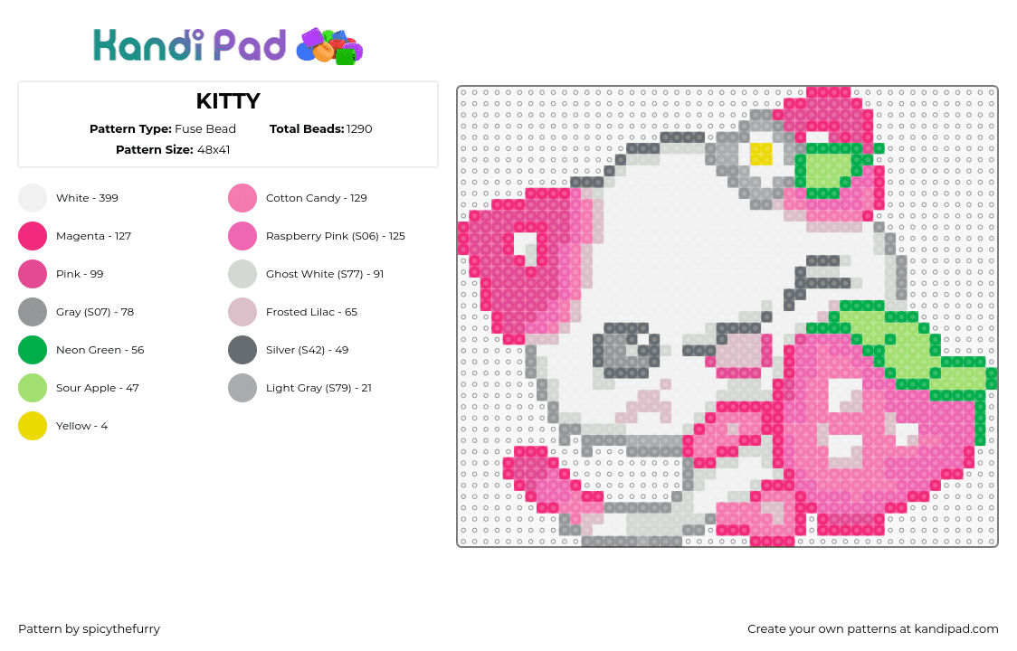 KITTY - Fuse Bead Pattern by spicythefurry on Kandi Pad - kitty,strawberry,kawaii,cat,cute,animal,chibi,fruit,pink,white