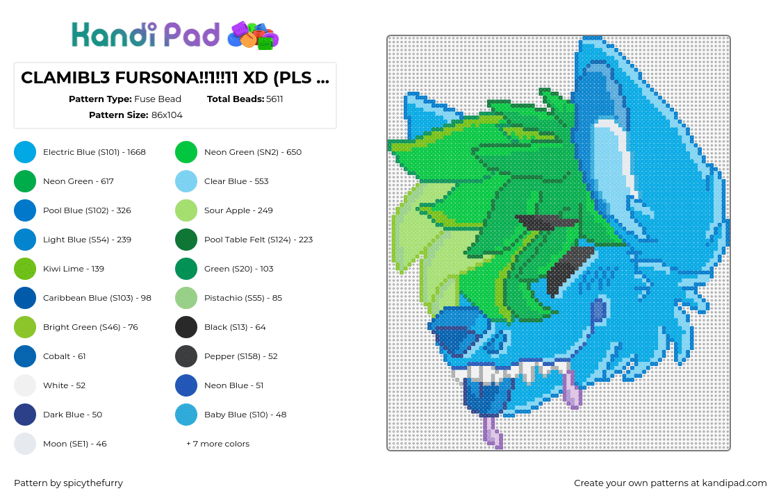 CLAMIBL3 FURS0NA!!1!!11 XD (PLS C0MMENT T0 CLA1M!1!) - Fuse Bead Pattern by spicythefurry on Kandi Pad - fursona,furry,community,head,blue,green