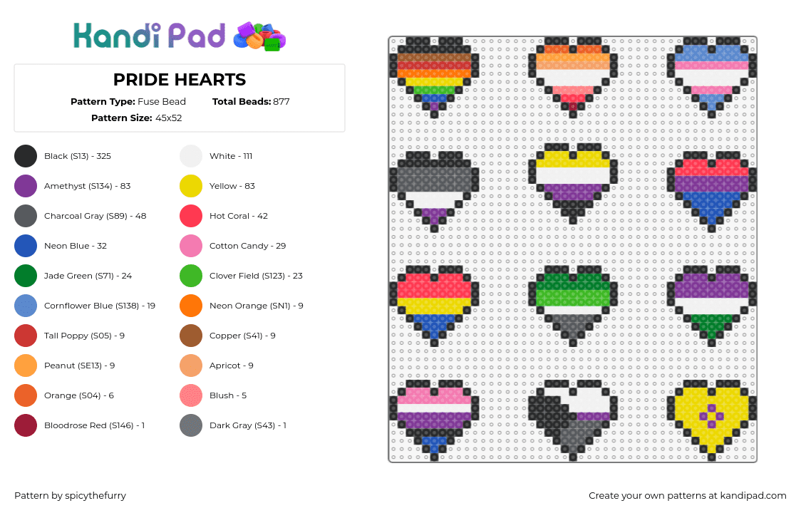 PRIDE HEARTS - Fuse Bead Pattern by spicythefurry on Kandi Pad - pride,hearts,flags,stripes,community,love,colorful,yellow,gray,purple