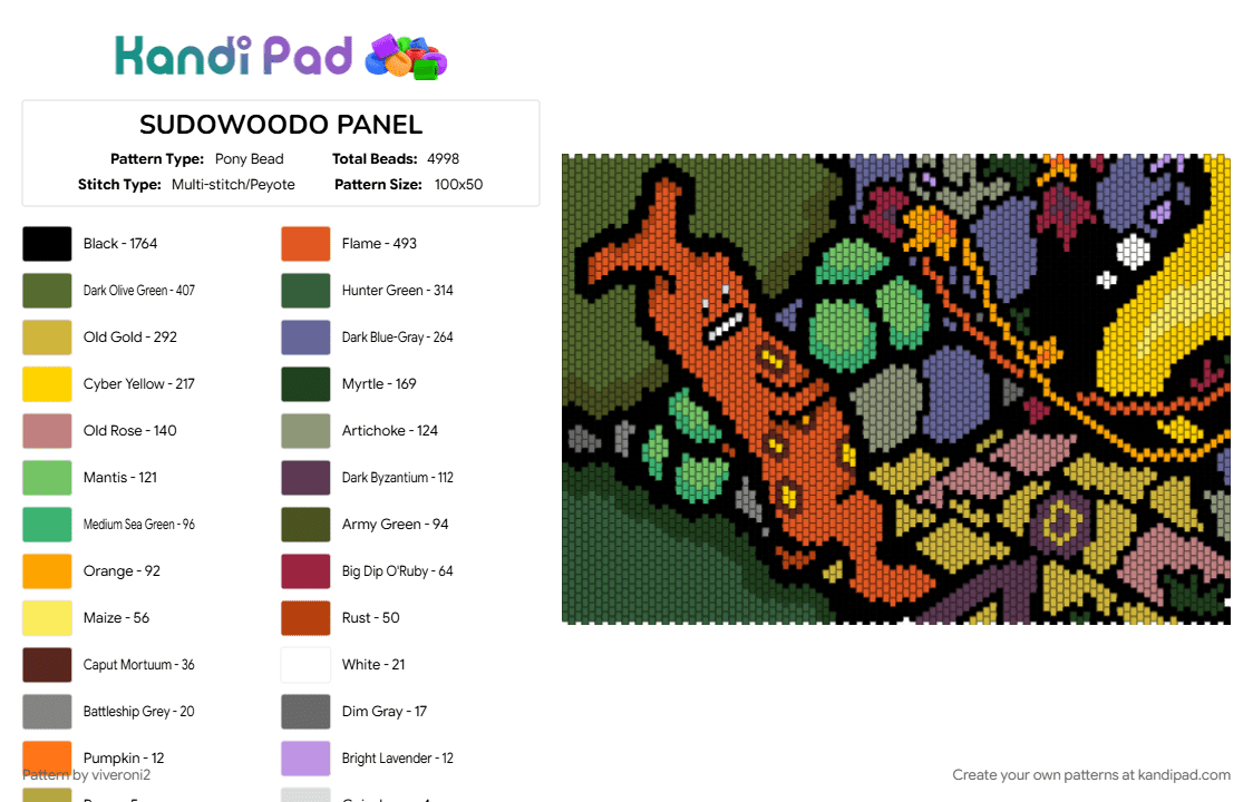 SUDOWOODO PANEL - Pony Bead Pattern by viveroni2 on Kandi Pad - black, colorful, gray, purple, red, yellow