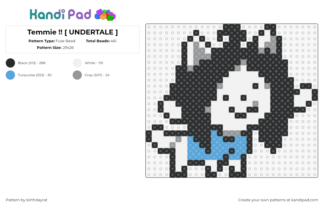 Temmie !! [ UNDERTALE ] - Fuse Bead Pattern by birthdayrat on Kandi Pad - temmie,undertale,character,video game,black,white,light blue