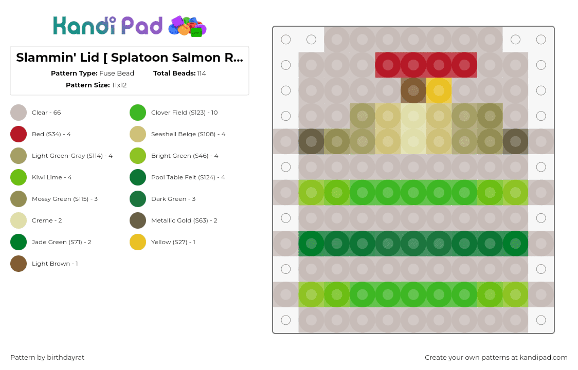 Slammin\' Lid [ Splatoon Salmon Run ] - Fuse Bead Pattern by birthdayrat on Kandi Pad - slammin lid,splatoon,video game,beige,green