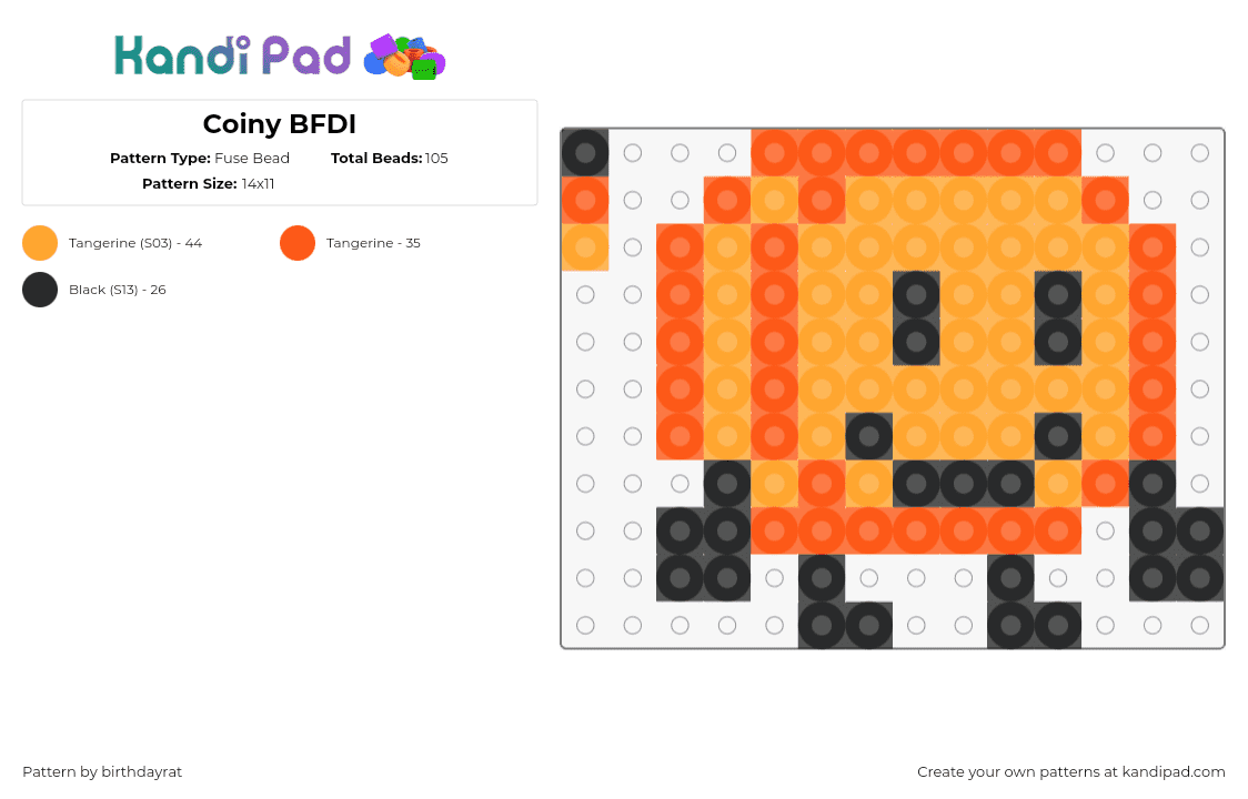 Coiny BFDI - Fuse Bead Pattern by birthdayrat on Kandi Pad - coiny,bfdi,battle for dream island,character,smile,animation,tv show,orange,black