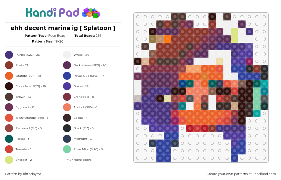 ehh decent marina ig [ Splatoon ] - Fuse Bead Pattern by birthdayrat on Kandi Pad - marina,splatoon,character,head,video game,orange,purple