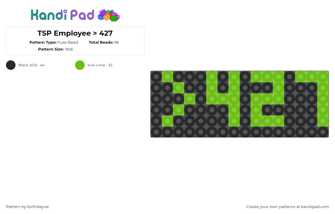 TSP Employee > 427 - Fuse Bead Pattern by birthdayrat on Kandi Pad - number,work,employee,badge,text,black,green