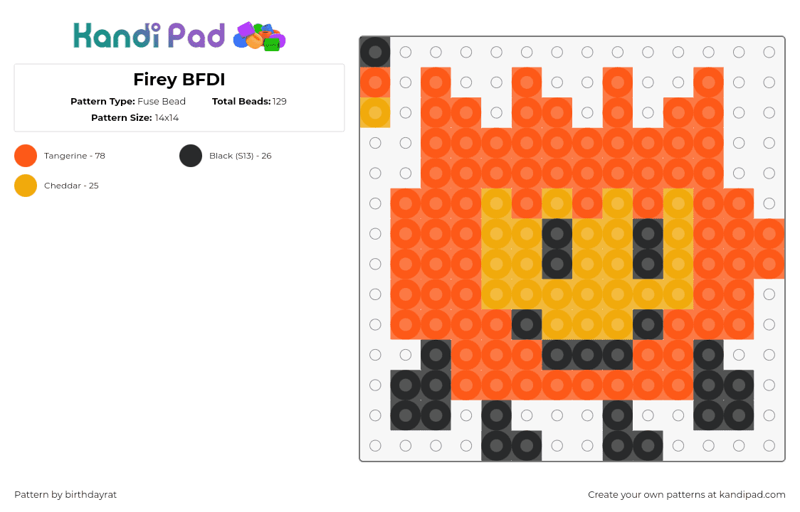 Firey BFDI - Fuse Bead Pattern by birthdayrat on Kandi Pad - firey,bfdi,battle for dream island,fire,flame,character,smile,animation,tv show,orange,black