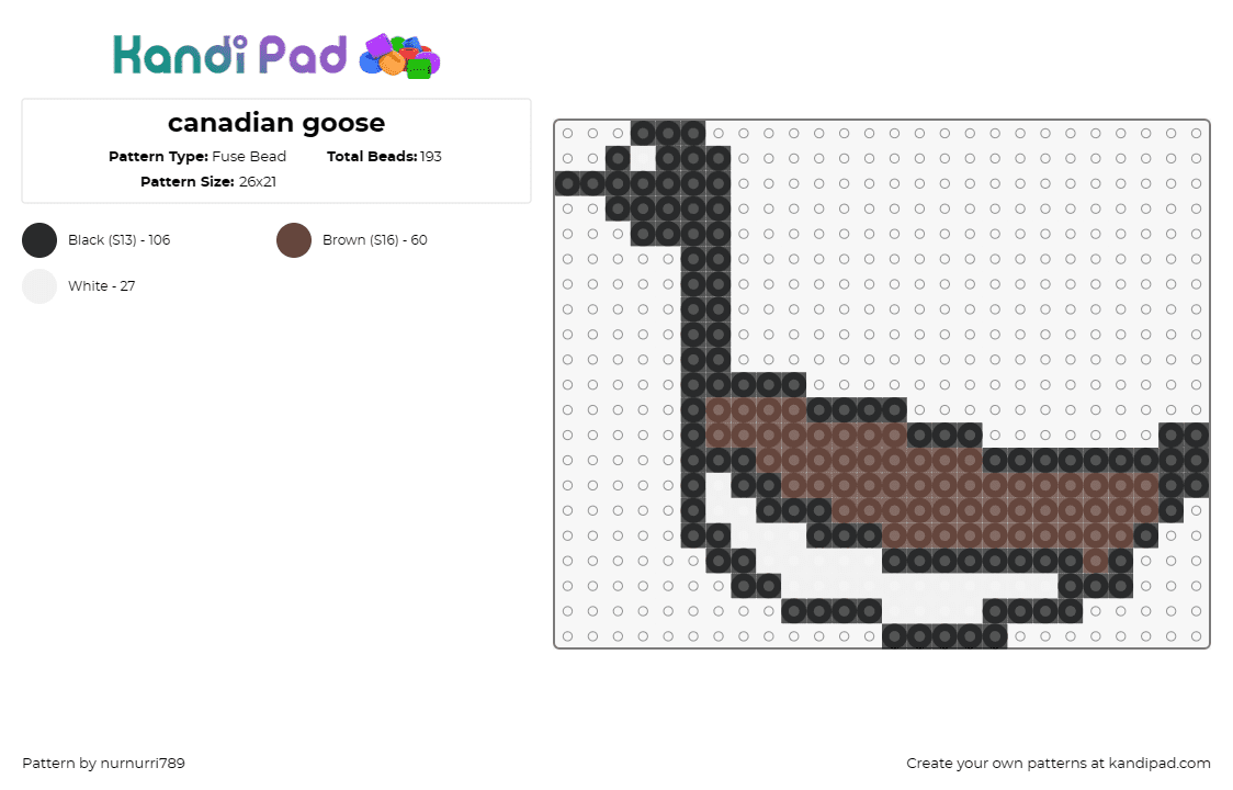 canadian goose - Fuse Bead Pattern by nurnurri789 on Kandi Pad - goose,bird,animal,duck,brown,black