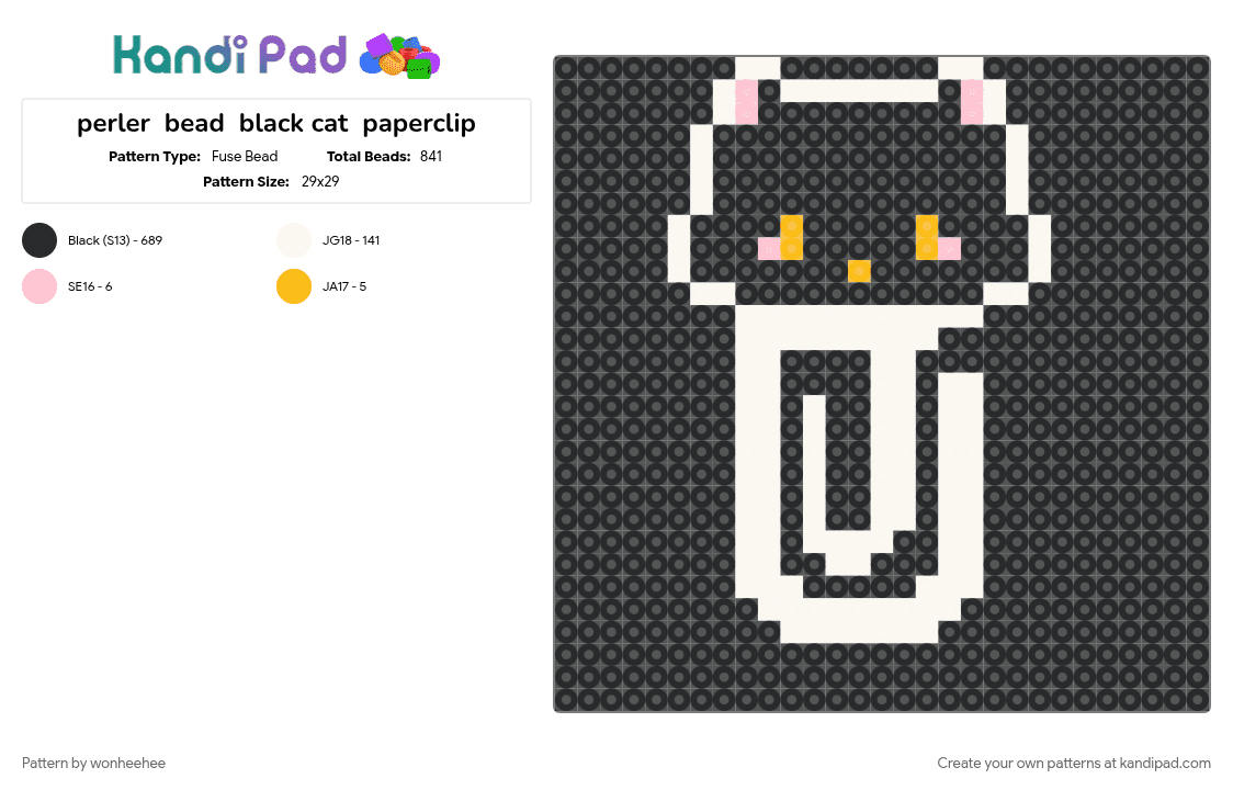 perler  bead  black cat  paperclip - Fuse Bead Pattern by wonheehee on Kandi Pad - black, cat, cute, halloween, pink, spooky, white, yellow