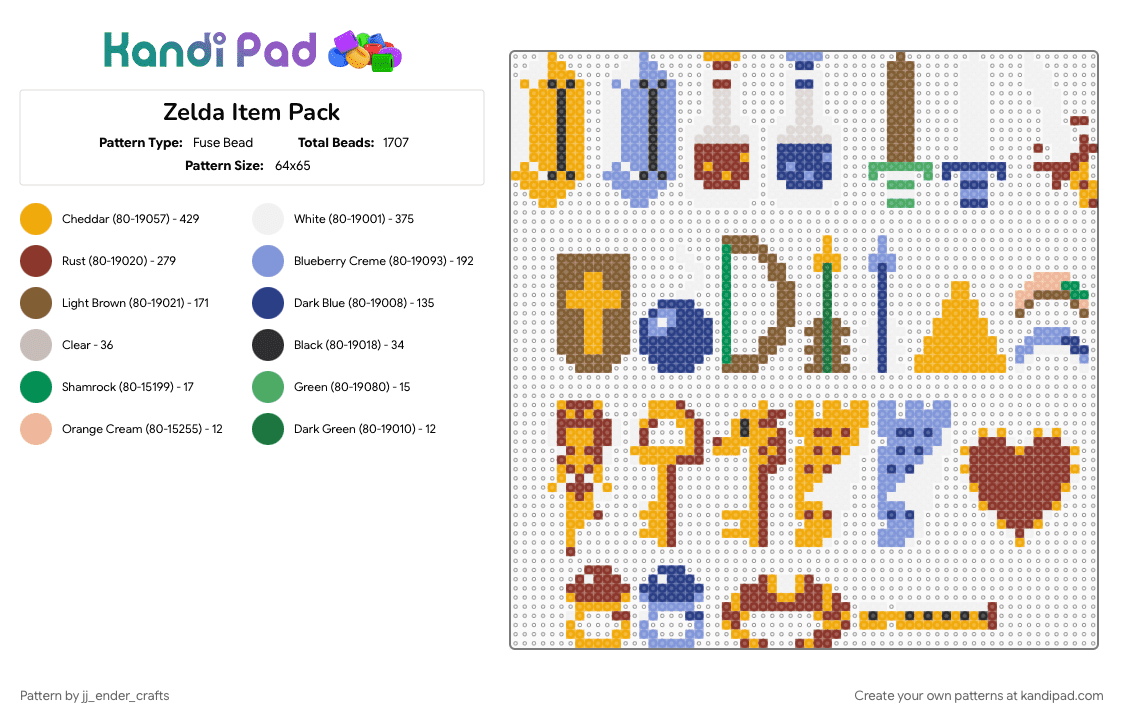 Zelda Item Pack - Fuse Bead Pattern by jj_ender_crafts on Kandi Pad - items, legend of zelda, light blue, orange, pixel sprite, red, ring, rupee, sword, tan, video game, zelda