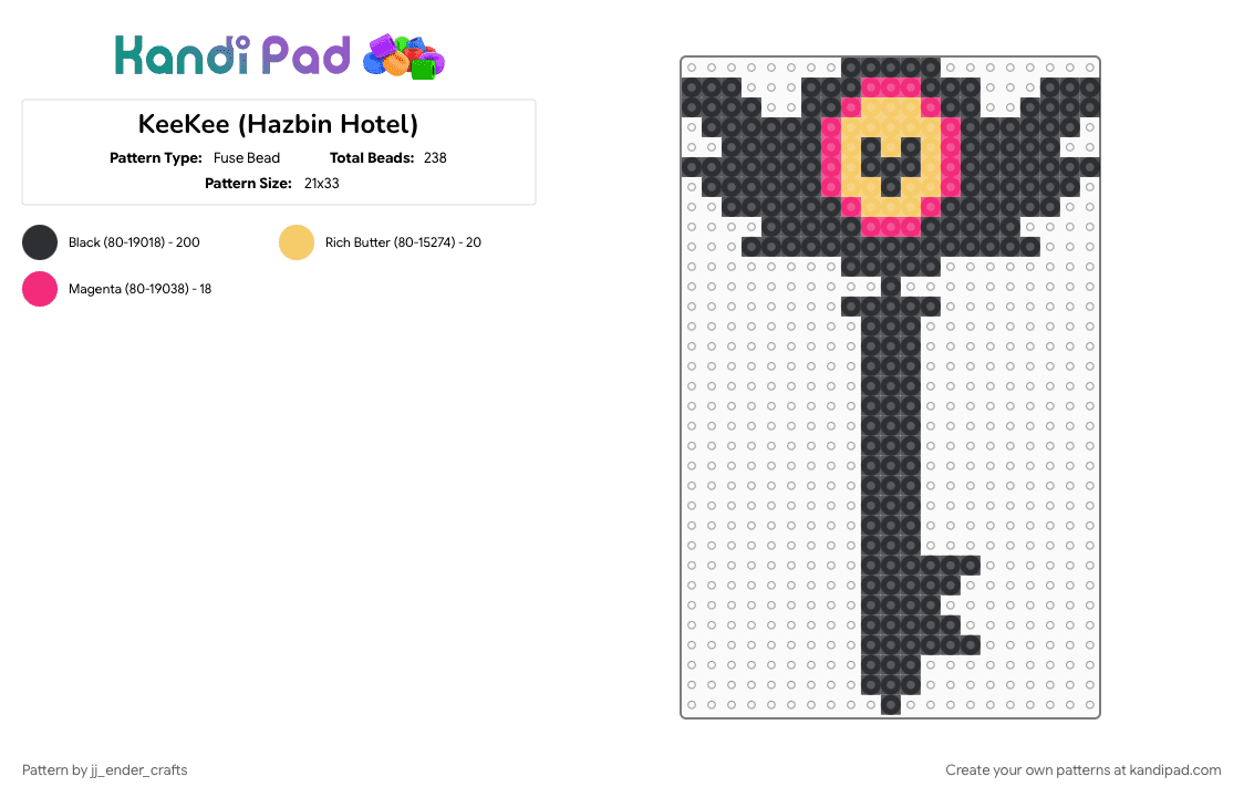 KeeKee (Hazbin Hotel) - Fuse Bead Pattern by jj_ender_crafts on Kandi Pad - black, hazbin hotel, hellaverse, keekee, key, pink, tv show, yellow