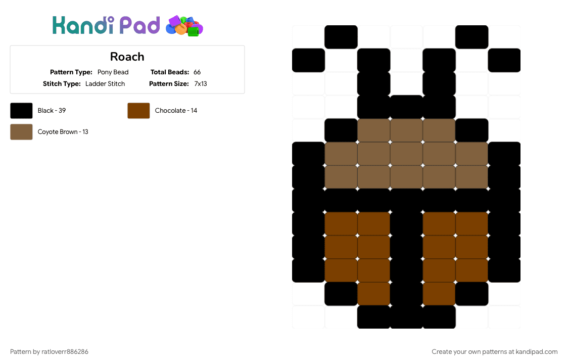 Roach - Pony Bead Pattern by ratloverr886286 on Kandi Pad - brown, cotdbugs, tan