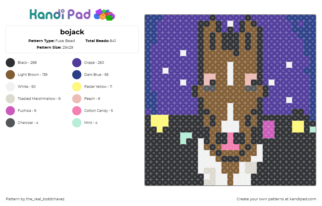 bojack - Fuse Bead Pattern by the_real_toddchavez on Kandi Pad - bojack horseman,horse,character,tv show,portrait,brown,purple,black