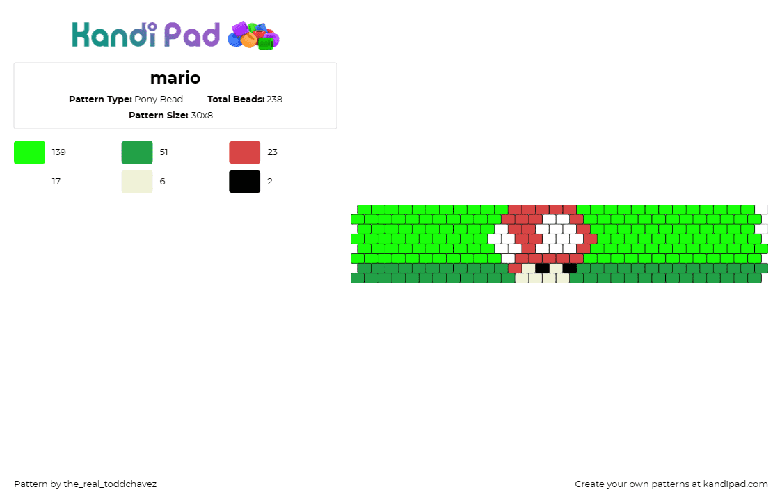 mario - Pony Bead Pattern by the_real_toddchavez on Kandi Pad - mushroom,mario,nintendo,video game,simple,cuff,green,red
