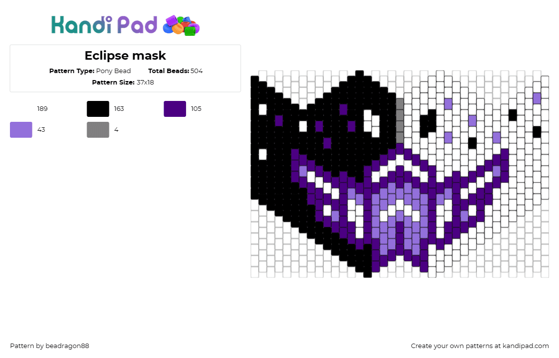 Eclipse mask - Pony Bead Pattern by beadragon88 on Kandi Pad - eclipse,tongue,fnaf,yin yang,mask,black,white,purple