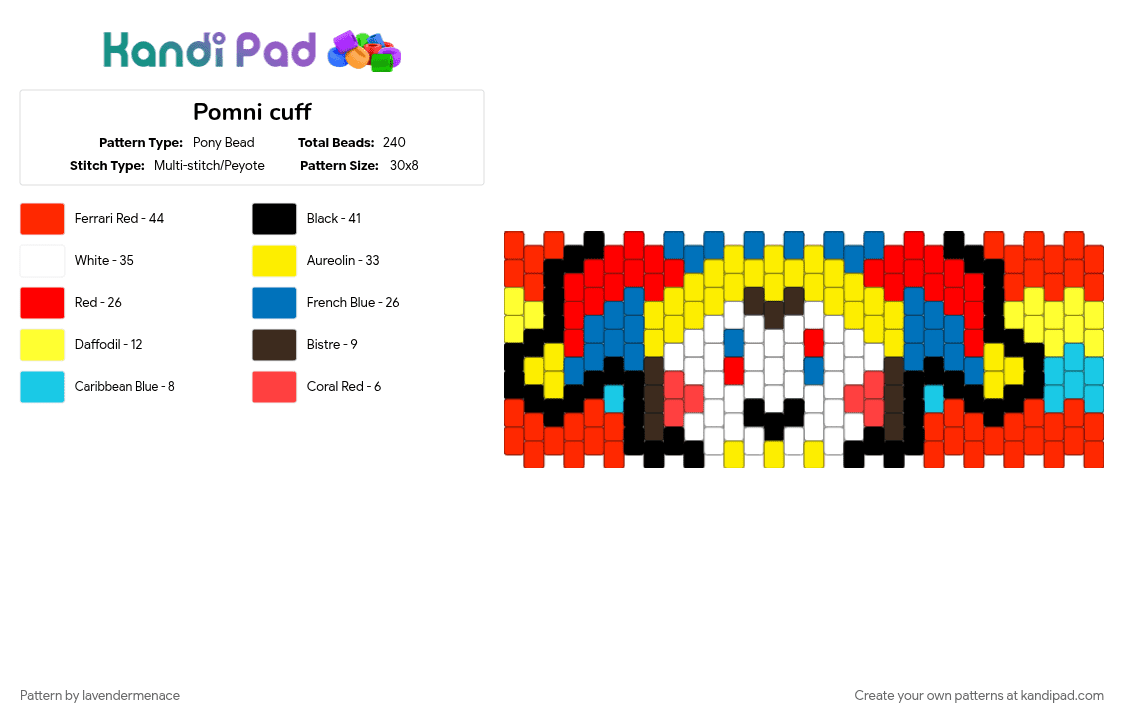 Pomni cuff - Pony Bead Pattern by lavendermenace on Kandi Pad - red, yellow