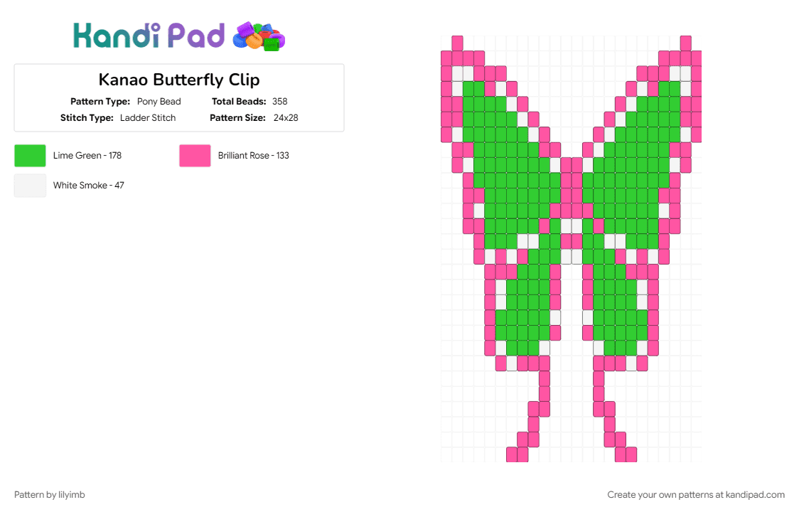 Kanao Butterfly Clip - Pony Bead Pattern by lilyimb on Kandi Pad - green, pink