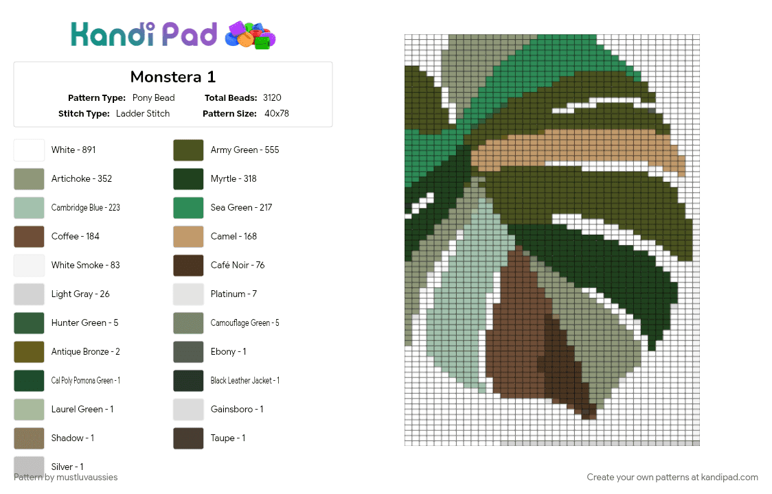 Monstera 1 Pony Bead Pattern - Kandi Pad | Kandi Patterns, Fuse Bead ...
