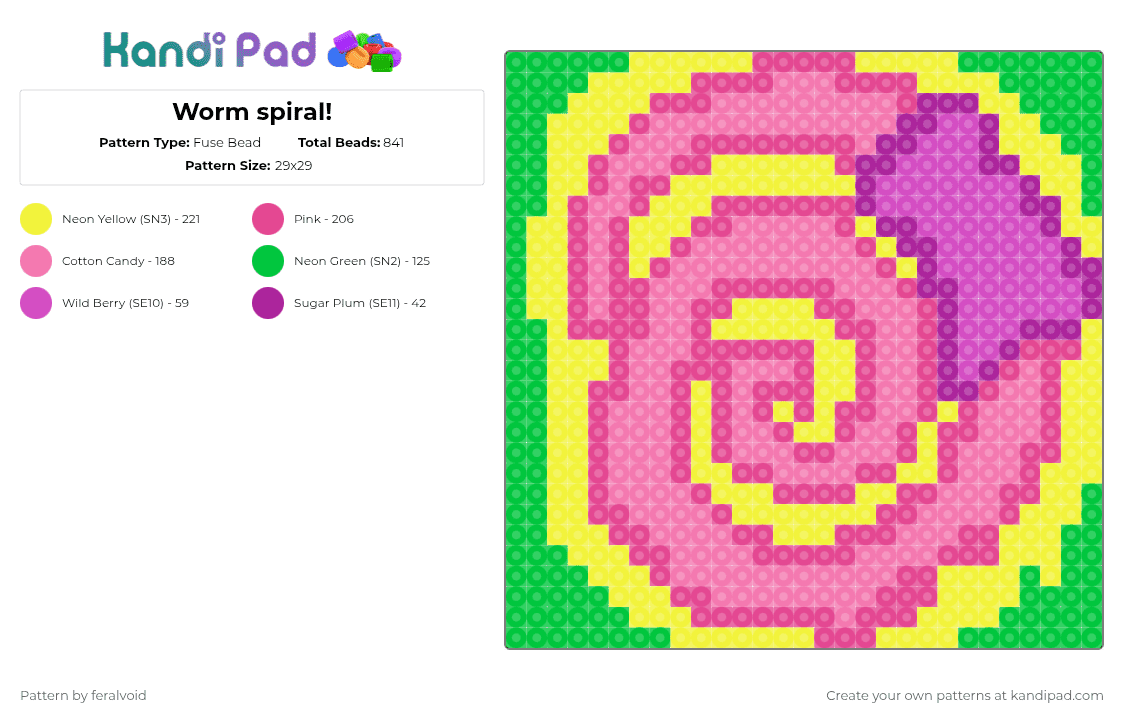 Worm spiral! - Fuse Bead Pattern by feralvoid on Kandi Pad - pink
