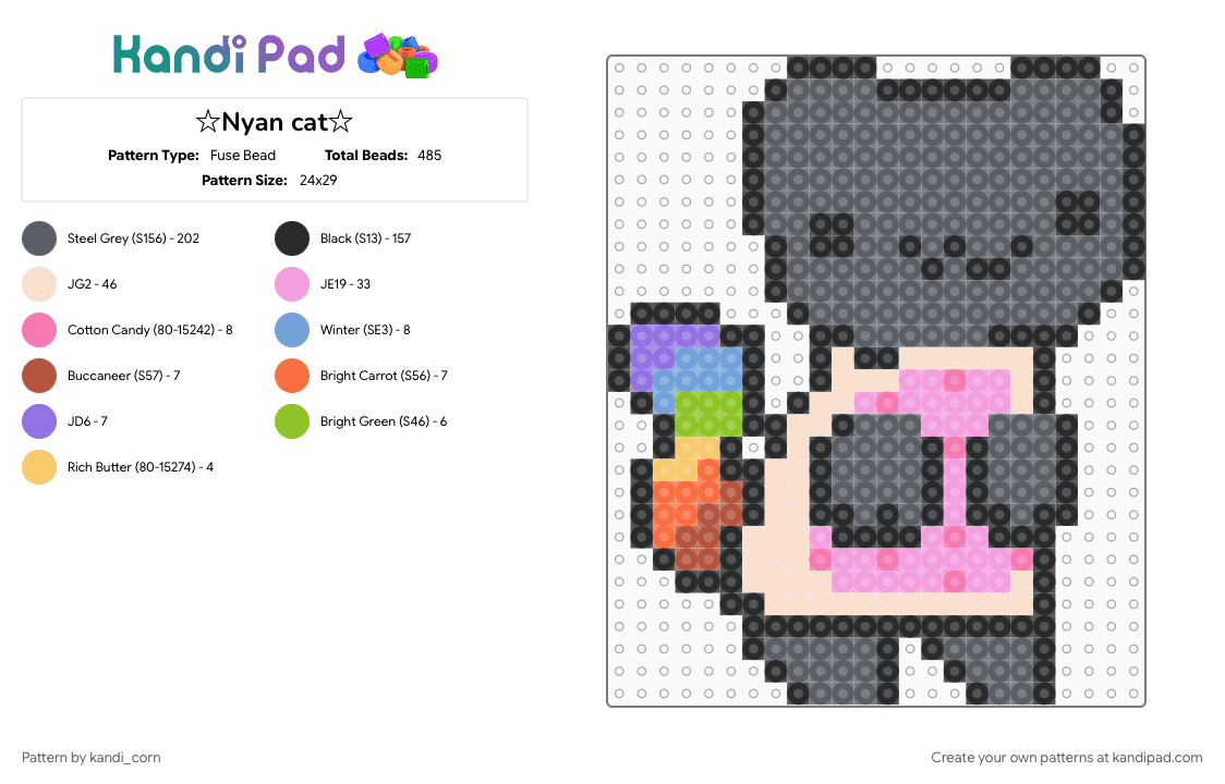 ☆Nyan cat☆ - Fuse Bead Pattern by kandi_corn on Kandi Pad - beige, cat, character, cute, gray, nyan cat, pink