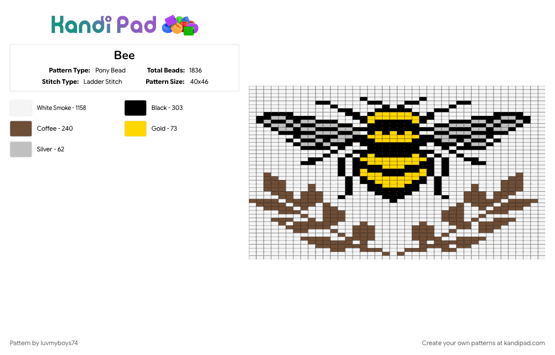 Bee - Pony Bead Pattern by luvmyboys74 on Kandi Pad - brown, white