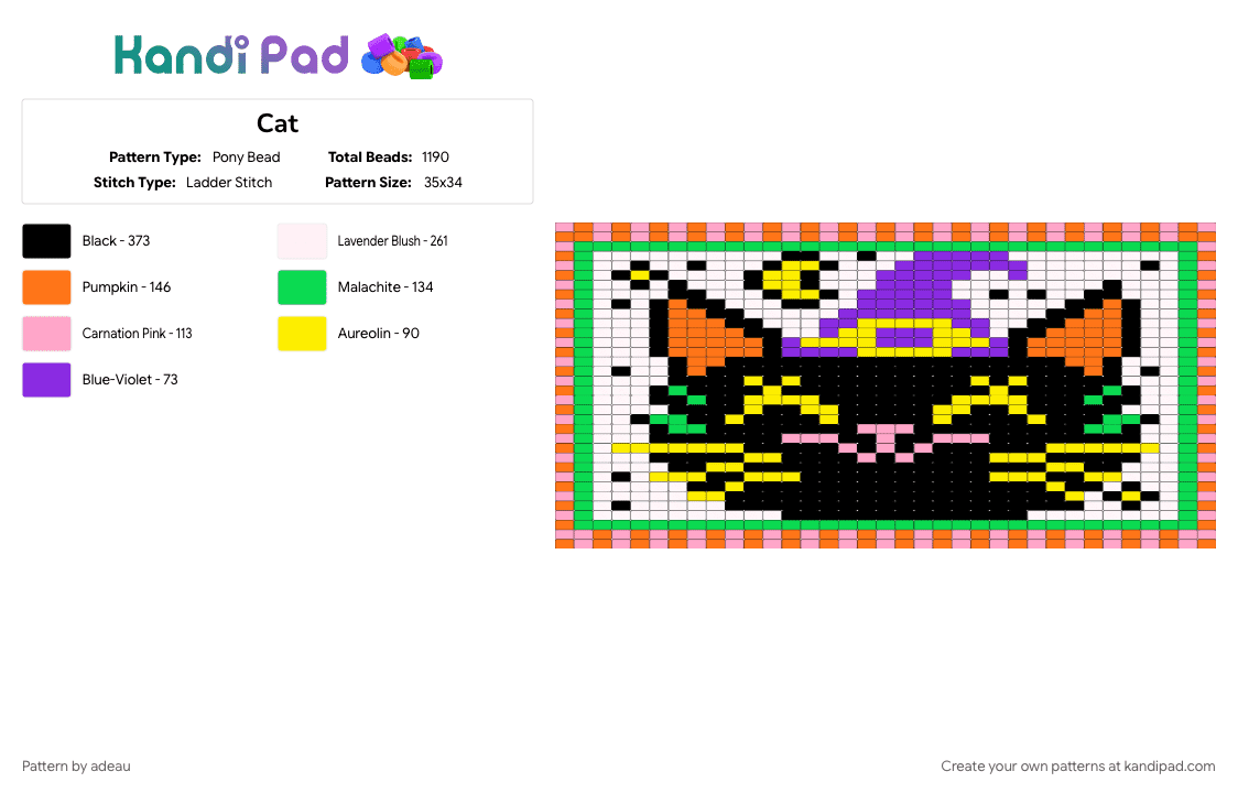 Cat - Pony Bead Pattern by adeau on Kandi Pad - orange, pink, teal
