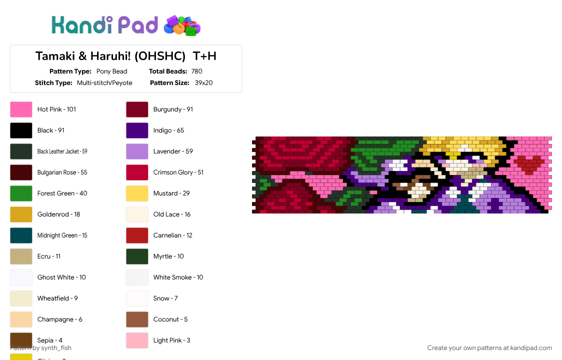 Tamaki & Haruhi! (OHSHC)  T+H - Pony Bead Pattern by synth_fish on Kandi Pad - anime, brown, cutie patootie, ohshc, ouranhighschoolhostclub, pink, purple, red, ship art, tamaki haruhi