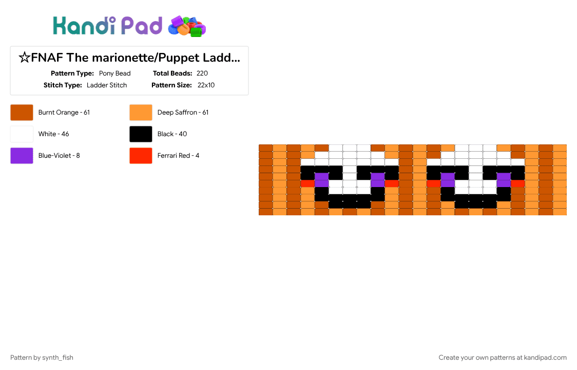 ☆FNAF The marionette/Puppet Ladder stitch☆ - Pony Bead Pattern by synth_fish on Kandi Pad - easy for beginners, easy pattern, fnaf, fnaf 2, ladder stitch, orange, red, spooky