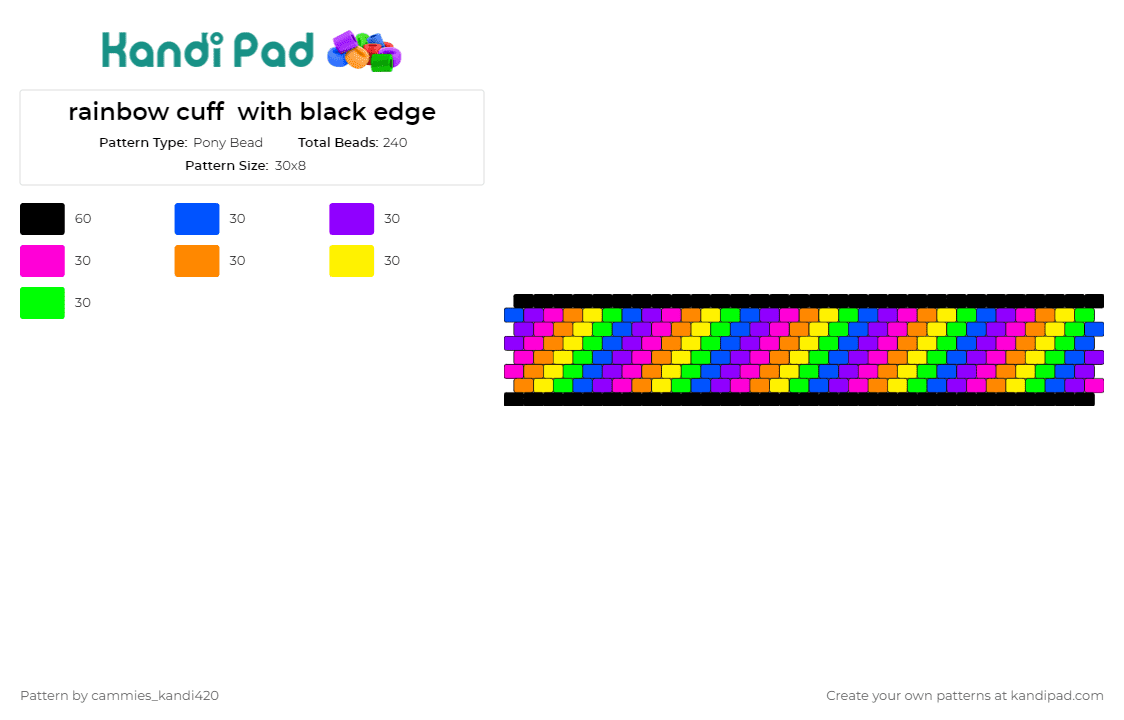 rainbow cuff  with black edge - Pony Bead Pattern by cammies_kandi420 on Kandi Pad - rainbow,stripes,colorful,cuff