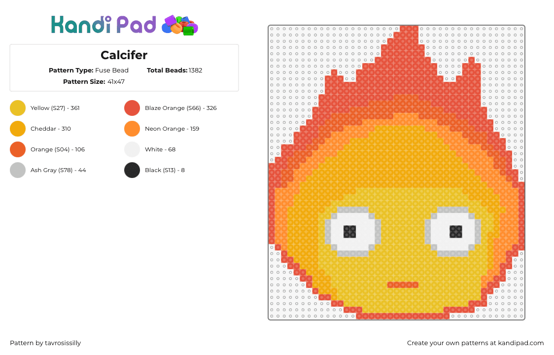 Calcifer - Fuse Bead Pattern by tavrosissilly on Kandi Pad - calcifer,howls moving castle,ghibli,character,fire,flame,eyes,yellow,orange