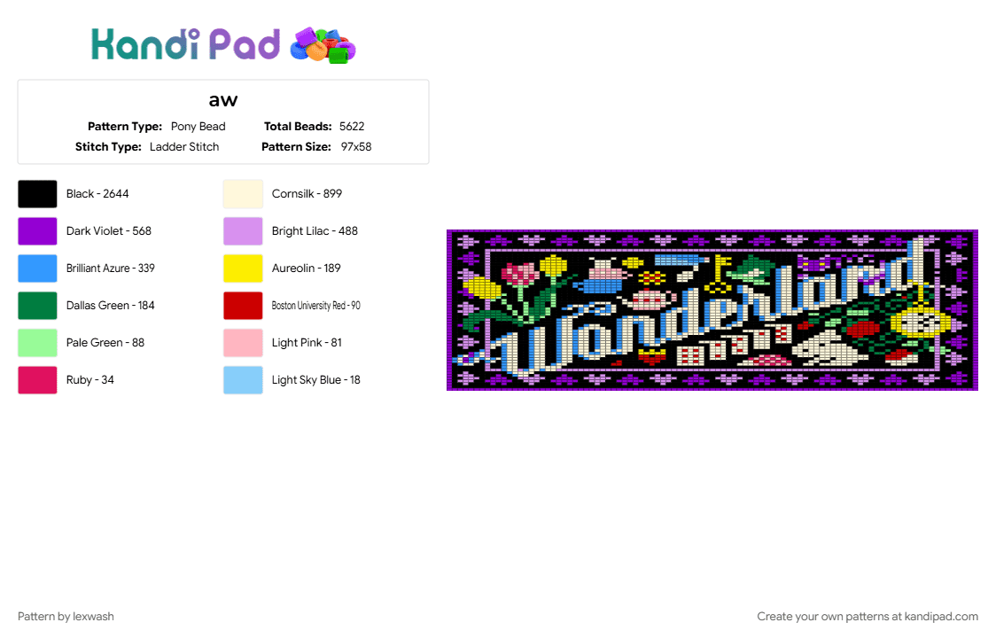 aw - Pony Bead Pattern by lexwash on Kandi Pad - alice in wonderland, black, light blue, pink, purple