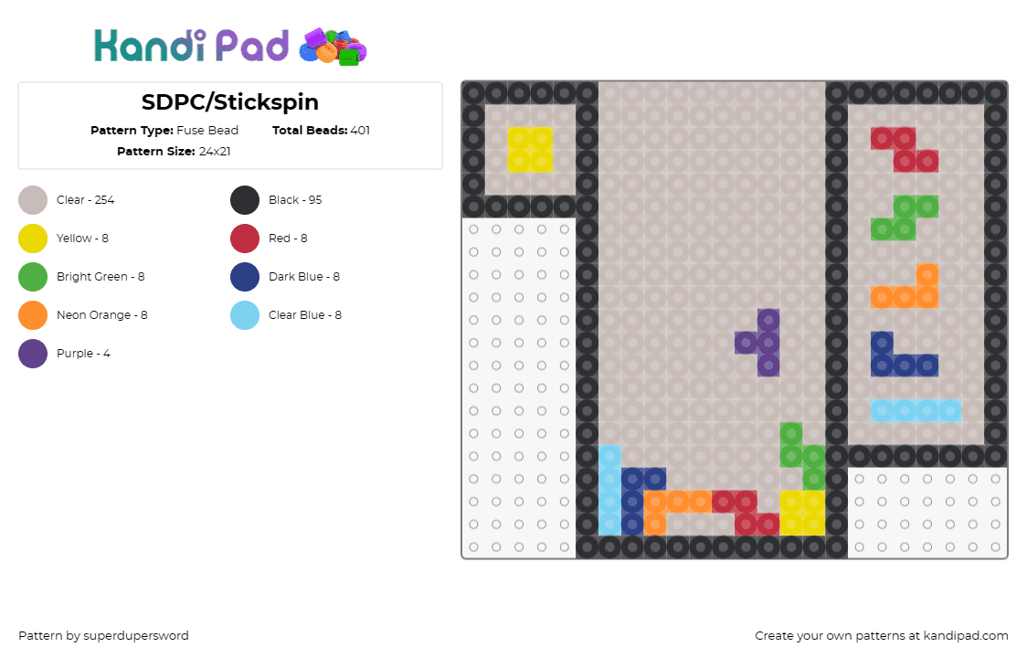 SDPC/Stickspin - Fuse Bead Pattern by superdupersword on Kandi Pad - tetris,retro,arcade,classic,nostalgia,video game,simple,colorful,beige