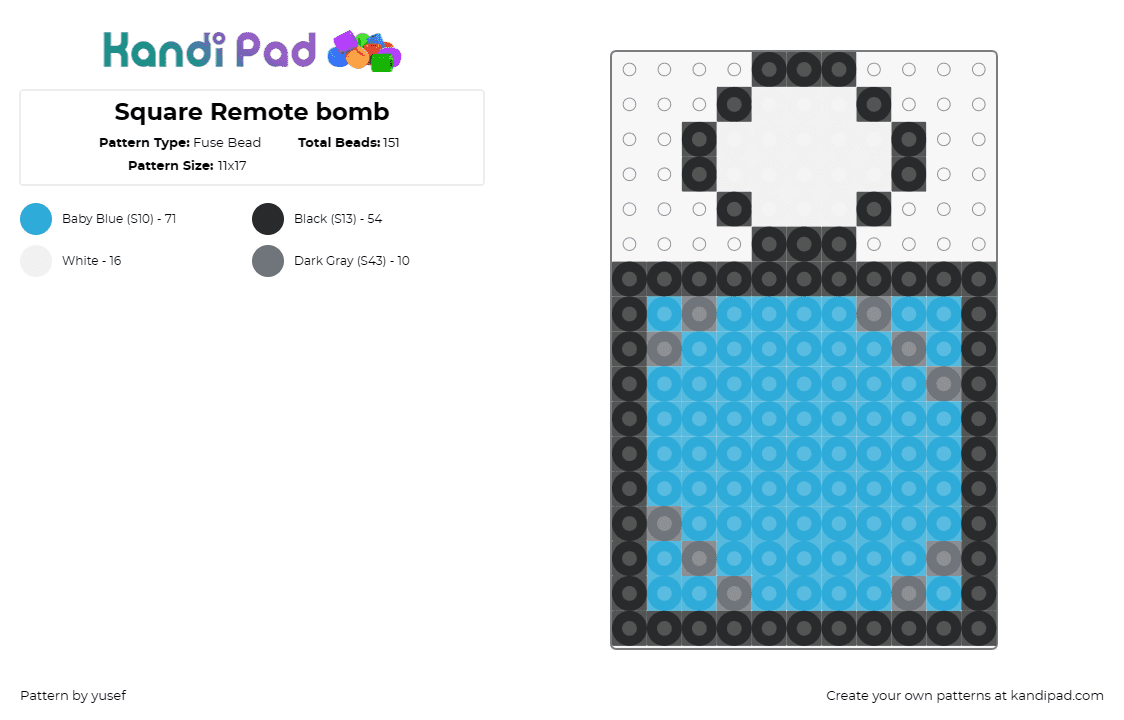 Square Remote bomb - Fuse Bead Pattern by yusef on Kandi Pad - bomb,legend of zelda,explosive,weapon,perfume,video game,light blue,white