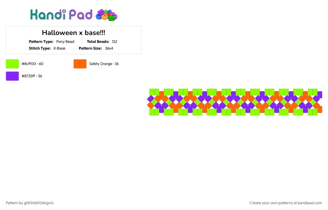 Halloween x base!!! - Pony Bead Pattern by glitt3rbl00dngvtz on Kandi Pad - all the girls are girling, coolz, green, halloween, orange, purple, spooky, x base cuff