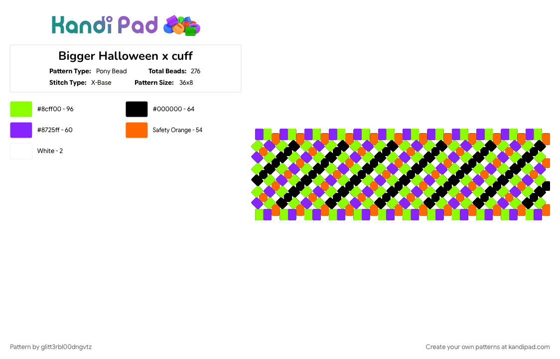 Bigger Halloween x cuff - Pony Bead Pattern by glitt3rbl00dngvtz on Kandi Pad - colorful, coolz, green, halloween, neon green, neon orange, neon purple, remixable, spooky