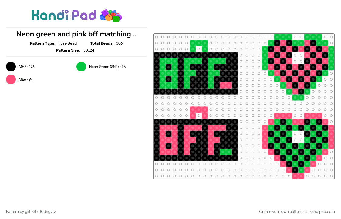 Neon green and pink bff matching necklaces - Fuse Bead Pattern by glitt3rbl00dngvtz on Kandi Pad - bff, coolz, free to use, green, necklace charm, neon, neon green, red, remixable, scene