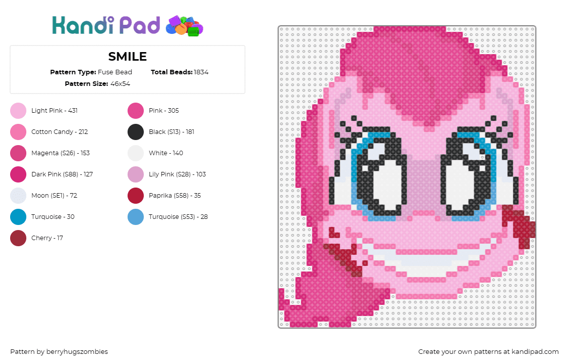 SMILE - Fuse Bead Pattern by berryhugszombies on Kandi Pad - smile,mlp,my little pony,mashup,horror,movie,creepy,pink,white