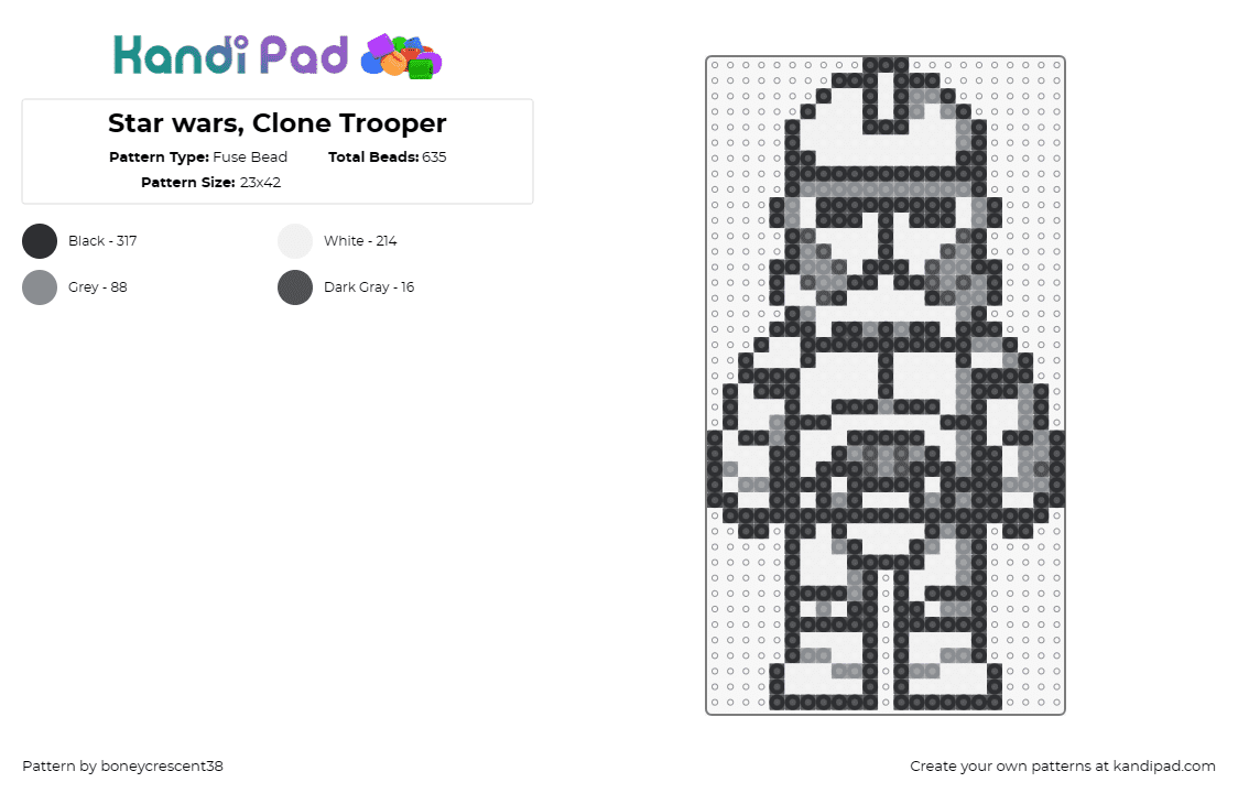 Star wars, Clone Trooper - Fuse Bead Pattern by boneycrescent38 on Kandi Pad - clone trooper,star wars,character,movie,scifi,white,gray