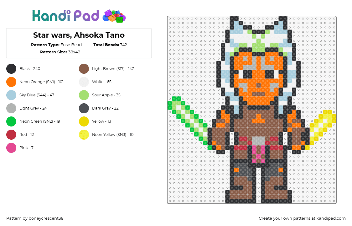 Star wars, Ahsoka Tano - Fuse Bead Pattern by boneycrescent38 on Kandi Pad - ahsoka tano,star wars,jedi,lightsaber,character,movie,scifi,brown,yellow,green,o