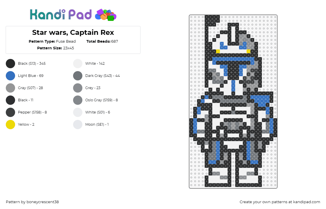 Star wars, Captain Rex - Fuse Bead Pattern by boneycrescent38 on Kandi Pad - captain rex,star wars,character,movie,scifi,white,blue,gray