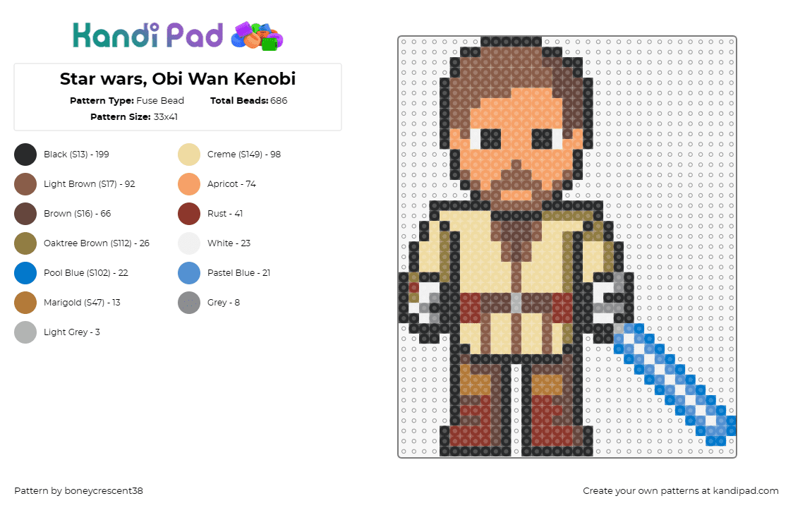 Star wars, Obi Wan Kenobi - Fuse Bead Pattern by boneycrescent38 on Kandi Pad - obi wan kenobi,star wars,jedi,lightsaber,character,movie,scifi,brown,tan,blue